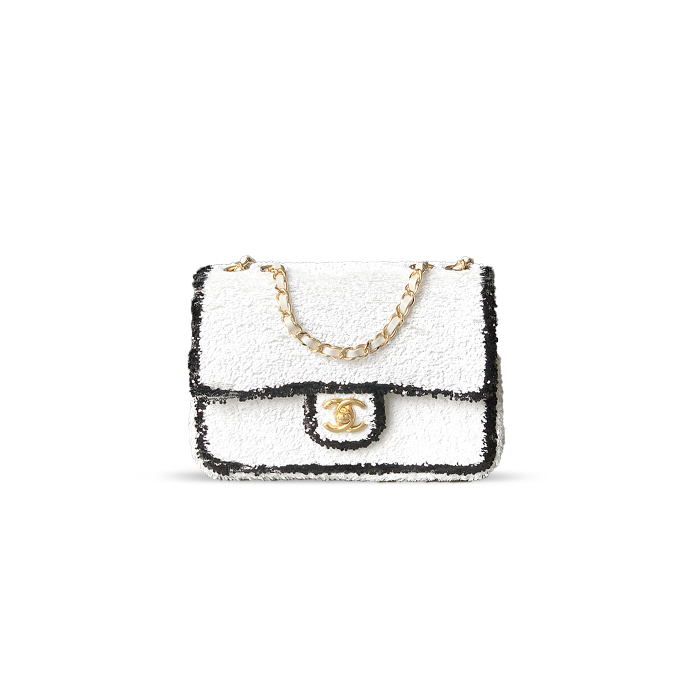 Ch*el classic flap bag sequins & gold metal white 296136 (20*13*7cm)